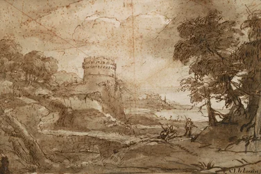 Landschap met ronde toren en baai