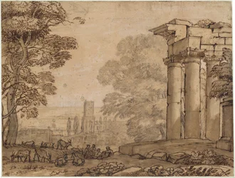 Landschap met Ruïnes, Pastorale Figuren en Bomen