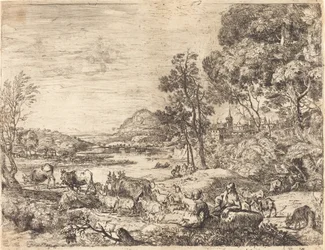 Herder en herderin in gesprek in een landschap