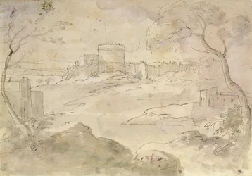 Landschap met een versterkte stad