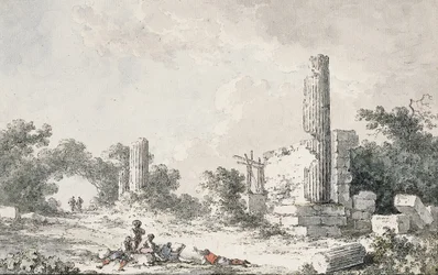 De ruïnes van de Tempel van Castor en Pollux, Agrigento, met kunstenaars die schetsen