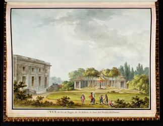 "Vue de Jeu de Bague, de Sa Gallerie, & d"une des Façades du Chateau", uit Het Kasteel en de Tuinen van de Koningin in het Petit Trianon: Een Weelderig Album van Originele Tekeningen en Plannen in Opdracht van Marie-Antoinette, door architect Richard Mique