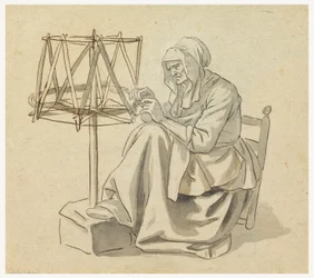 Tekening, Een oude vrouw spint, 1810-30