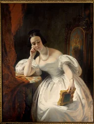 Jong meisje voor de spiegel. Schilderij van Claude Marie Dubufe (1790-1864)