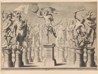 Allegorie ter ere van het huis Savoye met legendarische figuren op sokkels