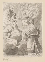 Armand-Jean du Plessis hertog van Richelieu presenteert een boek aan Maria met Kind. Titelpagina voor: Armand-Jean du Plessis hertog van Richelieu, Traité de la perfection du chrétien