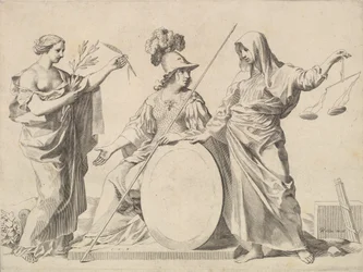 Minerva geflankeerd door Vrede en Gerechtigheid Armoiries de Gallard et de Mesmes