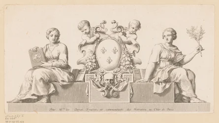 Wapen van de notarissen van het Châtelet in Parijs met personificaties van het Goede Geloof en de Wet