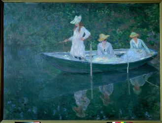 Boot in Giverny of in Noorwegen. De dochters van Madame Hoschedé, de tweede vrouw van de kunstenaar, Germaine, Suzanne en Blanche, circa 1887. Schilderij van Claude Monet (1840-1926). Musée d