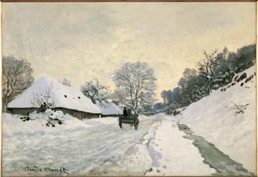 La charette, route sous la neige a Honfleur (olieverf op doek)