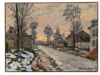 Route naar Louveciennes, smeltende sneeuw, ondergaande zon, ca. 1869-70