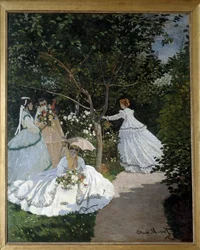 Vrouwen in de tuin een Stad van Avray Groep jonge vrouwen in een bloementuin. Schilderij door Claude Monet (1840-1926). 1867. Parijs, Musée d