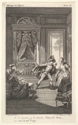 Een man leunt naar een vrouw die in een deuropening staat aan de rechterkant, links een zittende vrouw die haar hand opheft..., ca. 1784