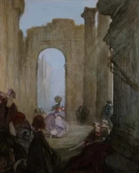 Meisjes die een danser bekijken tussen klassieke ruïnes
