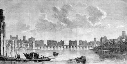 De oude Londense brug vernietigd door de grote brand van 1666. Gravure naar een schilderij van Claude de Jongh (1650) in het Museum van South Kensington