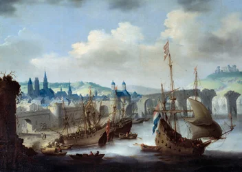Gezicht op de stad Rouen. De schepen liggen aangemeerd aan de oevers van de Seine.