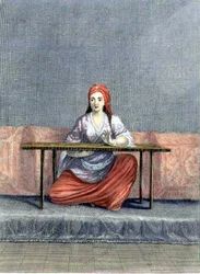 Turkse vrouw borduurt, gegraveerd door C. du Bose, begin 18e eeuw