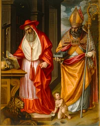 De heiligen Hiëronymus en Augustinus van Hippo, kerkvaders, met een model van het Escorial ...