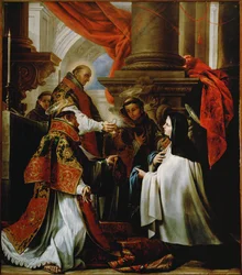 De communie van de heilige Theresia van Avila; Petrus van Alcantara biedt de hostie aan, de heilige Franciscus en de heilige Antonius van Padua assisteren als diakens (schilderij op doek)