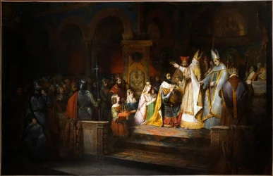 Karel de Grote gekroond tot koning van Italië door paus Adrianus I in Milaan, 774