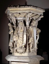 Vlaamse gotische kunst: voetstuk met de voorstellingen van Daniël, Zacharias, Jesaja, Mozes, Jeremia en David