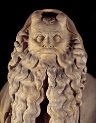 Vlaamse gotische kunst: de profeet Mozes. Detail van het voetstuk met voorstellingen van Daniël, Zacharia, Jesaja, Mozes, Jeremia en David door Claus Sluter (1350-1406), bekend als de „Mozesput” of „Profetenput”