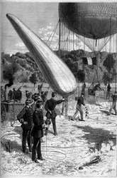 Militaire aerostaten: telefonische ervaringen in de vestiging van Meudon. Gravure door Claverie in "Le Monde Illustré" nr. 1331 van 30 september