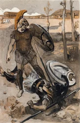 De dood van Hector: Hector wordt gedood door Achilles. Illustratie van Clément Gontier (1876-1918) voor Homeros