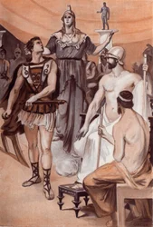 De Querelle van Achilles en Agamemnon: Minerva daalde uit de hemel neer en greep Achilles bij zijn haar om te voorkomen dat hij zijn zwaard tegen Agamemnon trok. Illustratie door Clement Gontier (1876-1918) voor Homere