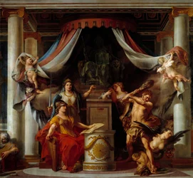 Allegorie van de Revolutie: in het midden overhandigt Minerva Hercules het decreet dat de ondeugden van het Ancien regime afschaft