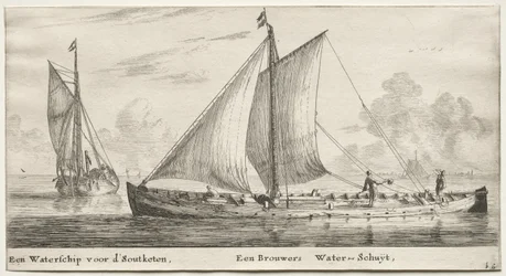 Verschillende schepen en uitzichten van Amsterdam, deel II: Een waterschip op weg naar de Soutketen. Een brouwerswaterschip