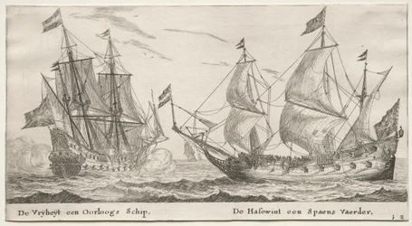 Verschillende schepen en uitzichten van Amsterdam, Deel II: De Vrijheid, een oorlogsschip. De Wolfshond, een Spaans schip