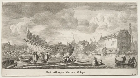 Verschillende Schepen en Zichten van Amsterdam, Deel II: Te Water Laten van een Schip