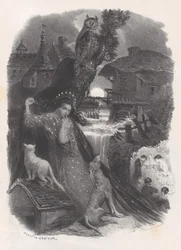 Nacht, vignet van meisje in 18e-eeuws kostuum dat rozen plukt op verso, ca. 1830-65