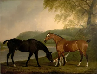 Paarden en hond in een landschap, ca. 1830