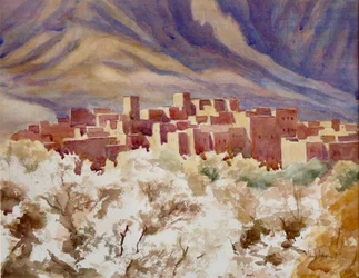 Amandelbloesem, Todra-kloof, 2000 (aquarel)