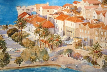 Zonsondergang, haven van Korçula, 2011 (aquarel)