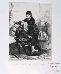 Frans-Pruisische Oorlog 1870-1871: Een gewonde soldaat wordt verzorgd en gevoed. Uit een serie lithografieën door Clement August Andrieux over de Gardes Nationales.