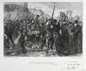 Frans-Duitse Oorlog 1870-1871: Slag bij Buzenval (Mont Valérien) nabij Versailles 19 jan 1871. Nationale Garde marcheert naar de slag en nederlaag. Uit een serie lithografieën door Clément Auguste Andrieux over de Nationale Gardes.