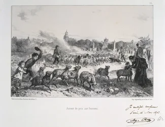 Frans-Duitse Oorlog 1870-1871: Het wegdrijven van een kudde schapen om te voorkomen dat ze in handen van de Pruisen vallen. Uit een serie litho
