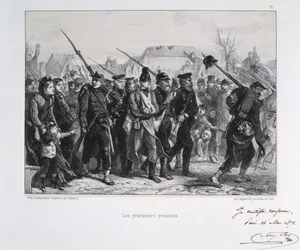 Frans-Pruisische Oorlog 1870-1871: Pruisische krijgsgevangenen. Uit een serie lithografieën door Clement August Andrieux over de Gardes Nationales.