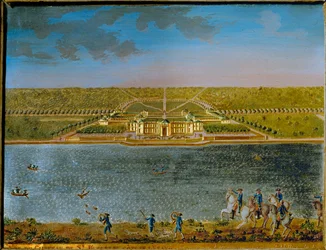St. Hubert, een jachtslot bij Parijs, gebouwd door Lodewijk XV ... (rechthoekige tinnen plaquette, verguld en gegoupeerd)