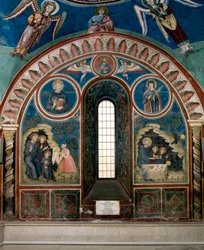 Verschillende episodes uit het leven van Sint Benedictus van Nursia: links reikt een vrouw een stuk vergiftigd brood aan Sint Benedictus, rechts neemt een raaf het brood en redt Sint Benedictus. Fresco door Meester Consolo, Onderkerk Klooster