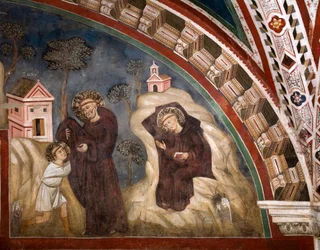 De monnik Romano geeft het habijt aan de jonge Benedictus van Nursia (fresco)