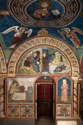 Verschillende episodes uit het leven van Sint-Benedictus: in het midden Het wonder van Sint-Placide Sint-Benedictus van Nursia, dankzij de tussenkomst van Sint-Maur, zijn eerste discipel, redt de jonge Placide die in de stroom van een meer is gevangen. Hie