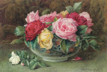 Stilleven met een kom roze, gele en rode rozen, 1883