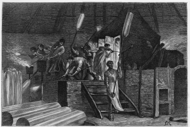 Binnen een glasfabriek, in Lodelinsart (of Lodlinsat, in de stad Charleroi). Gravure door Constant Meunier, ter illustratie van het verhaal 