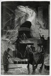 Het gieten van staal bij de Cockerill-fabrieken in Seraing. Gravure van C. Meunier ter illustratie van het verhaal “België”, door Camille Lemonnier (1844-1913), schrijver en kunstcriticus.
