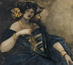 Zittende, elegant geklede vrouw, halve figuur