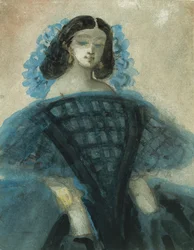 Jonge vrouw in een blauwe en zwarte jurk, ca. 1863.
